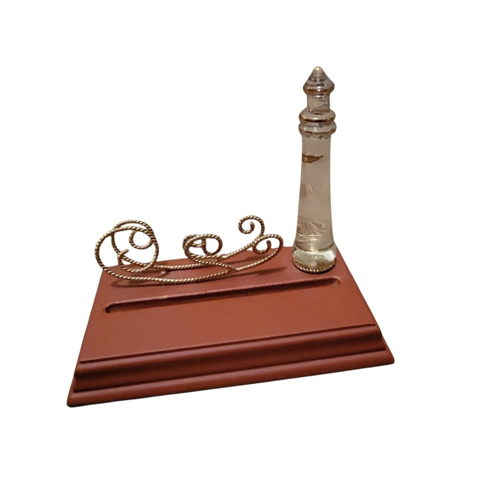 Light House Ocean Waves Business Card Holder Display Office Wood Glass Wire
